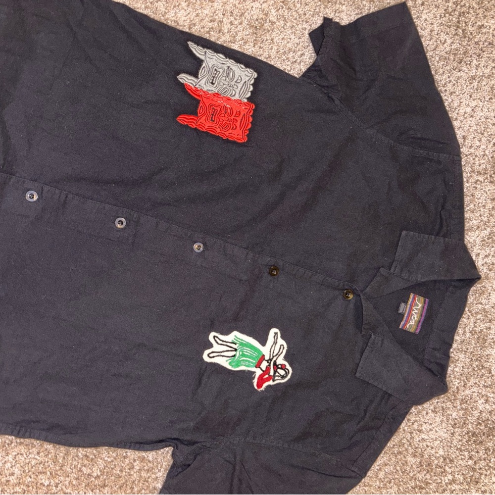 RVCA Black Button-Up Shirt with Colorful Patches